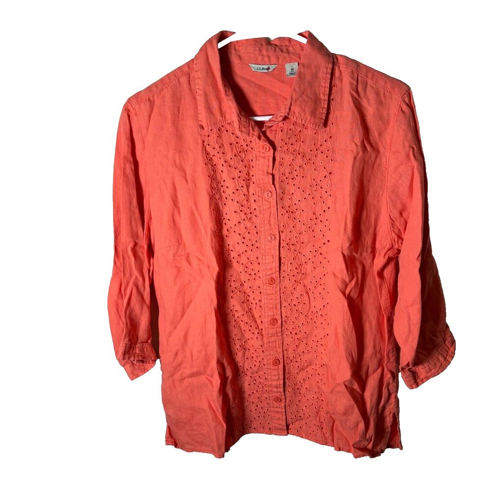 LL Bean Shirt Women's Medium Orange Button Up 100% Linen Eyelet Casual Top